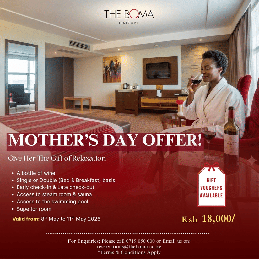 Woman in a robe enjoys a glass of red wine in a hotel room, promoting a Mother Day Offer at The Boma Nairobi. Includes benefits like bed and breakfast, access to amenities, with a price of Ksh 18,000. Valid from May 8 to May 11, 2026.