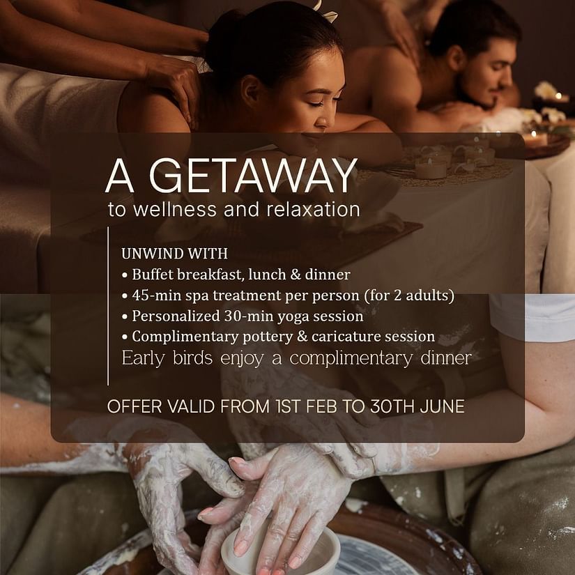  GETAWAY text overlay on an image of a couple enjoying pottery making, suggesting a romantic escape