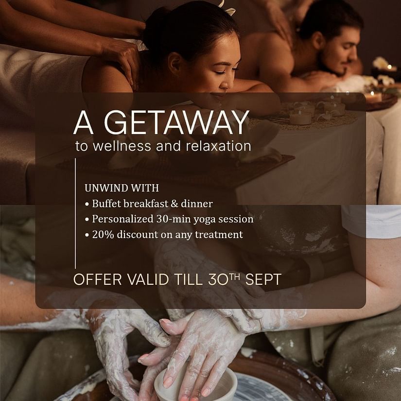 A banner showing spa treatments with text overlay promoting a wellness getaway offer including buffet meals, spa and yoga sessions, valid till 30th September.