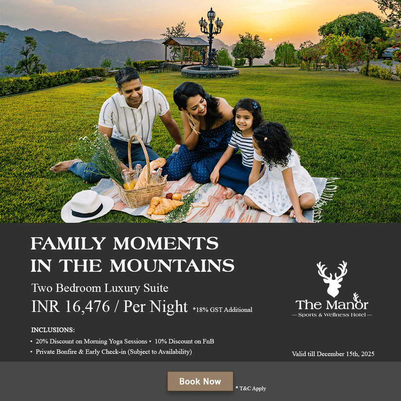 A family of four enjoying in open garden. It is a promotional banner offering 20% discount on morning yoga session, 105 discount, and more at The Manor Sports & Wellness Hotel.