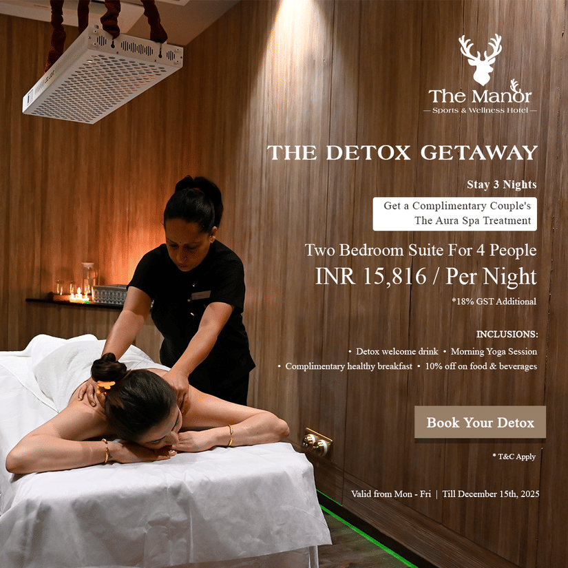 Creative featuring a woman giving back massage to the guest in The Manor Sports and Wellness Hotel. It is a promotion for 3 nights stay in a two bedroom luxury suite  for 4 people at INR 15,816.