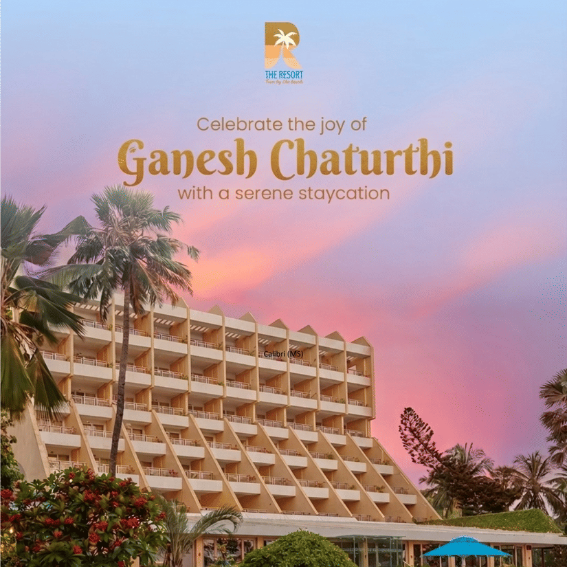 An creative features the distinctive tiered, sloped architecture of The Resort building rising up against a twilight sky.