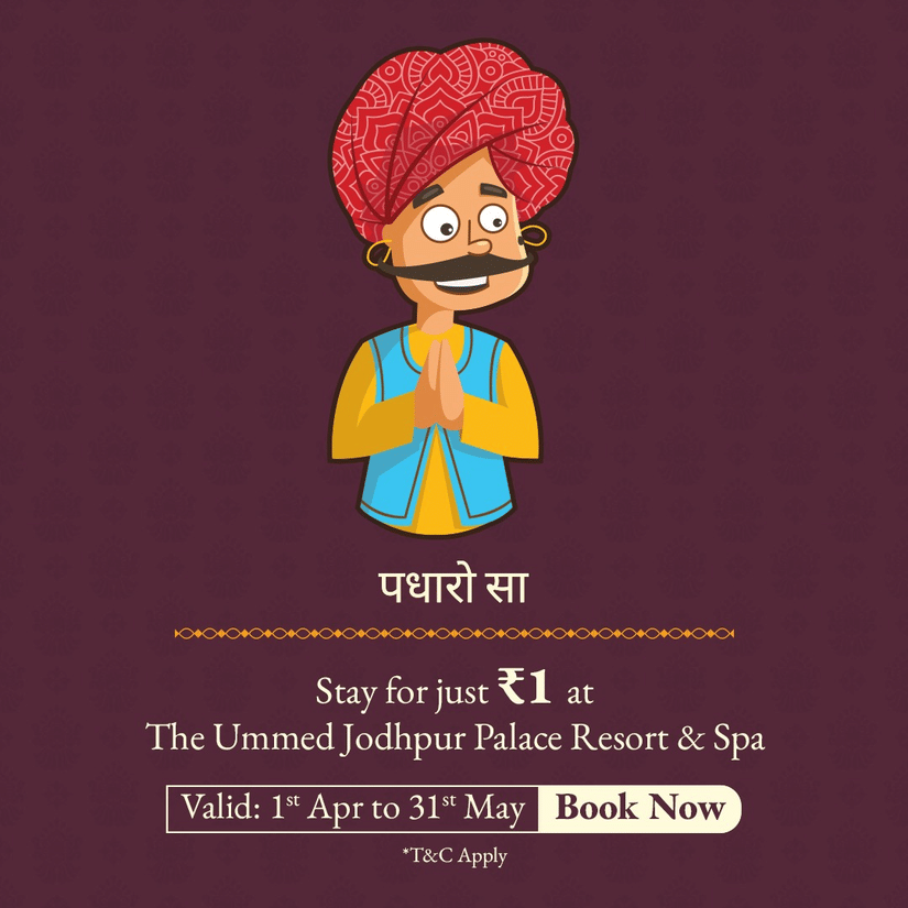 Illustration of a smiling Rajasthani man in traditional attire welcoming guests with folded hands, promoting a limited Jodhpur Palace Resort & Spa offer with  Valid 1st Apr to 30th May and a Book Now button.