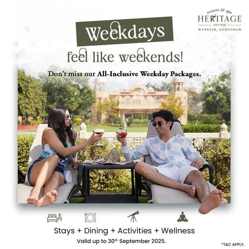 Promotional poster for weekday wellness package at Heritage Village Resorts & Spa, Manesar showing two guests seated on a lawn.