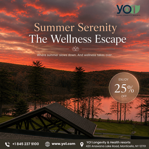 The Wellness Escape at YO1 Longevity & Health Resorts featuring a tranquil Catskills sunset, luxury wellness retreat, holistic therapies, healthy dining, and nature-inspired relaxation.