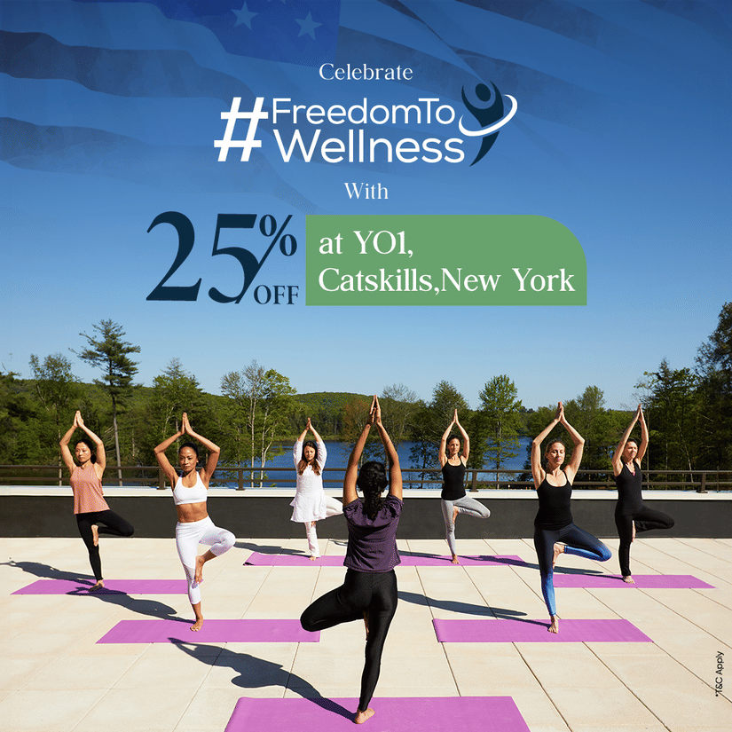 Promotional banner for wellness programs at YO1, Catskills, New York, offering a 25% discount, featuring a group yoga session with a serene outdoor backdrop.