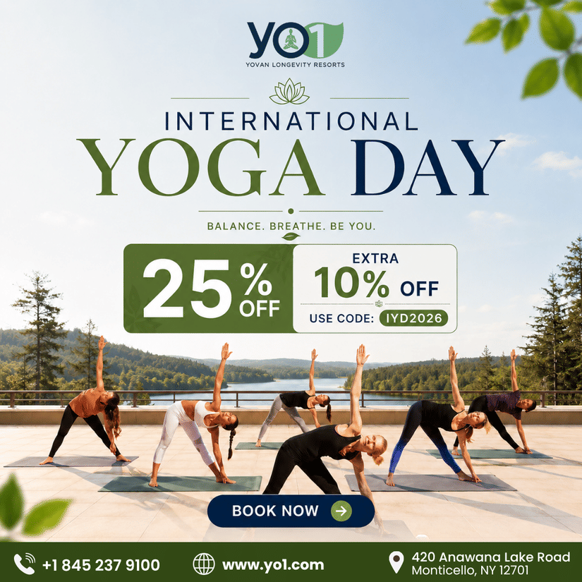 International Yoga Day offer at YO1 Longevity and Health Resorts featuring yoga session outdoor wellness retreat and exclusive savings package in Catskills New York