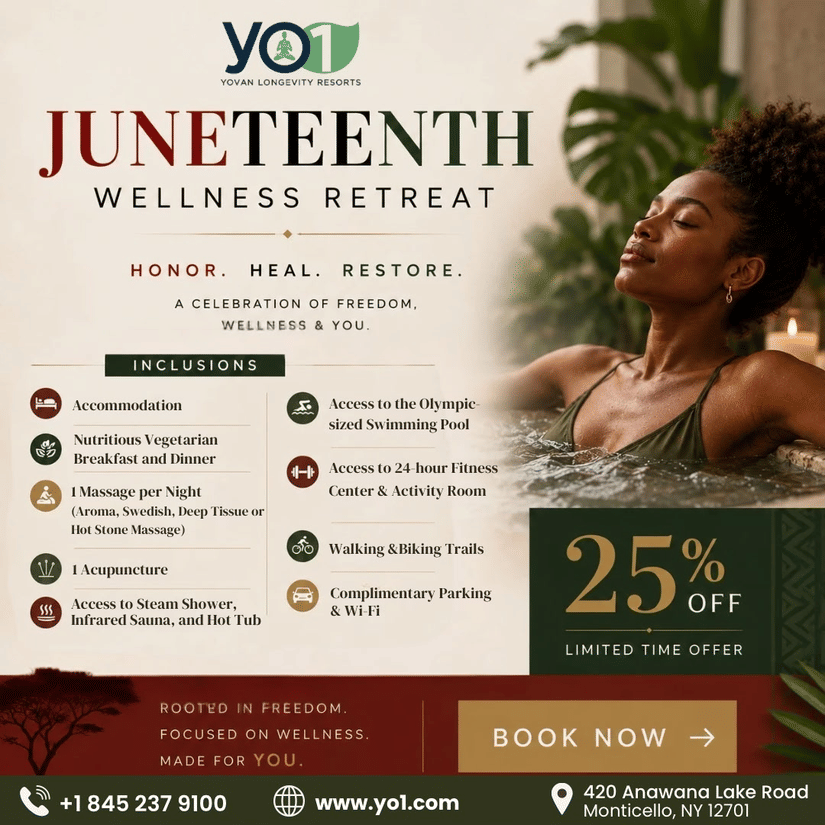 Juneteenth Wellness Retreat at YO1 Longevity & Health Resorts featuring luxury accommodation, massage therapies, acupuncture, wellness amenities, yoga, and a 25% limited-time offer.