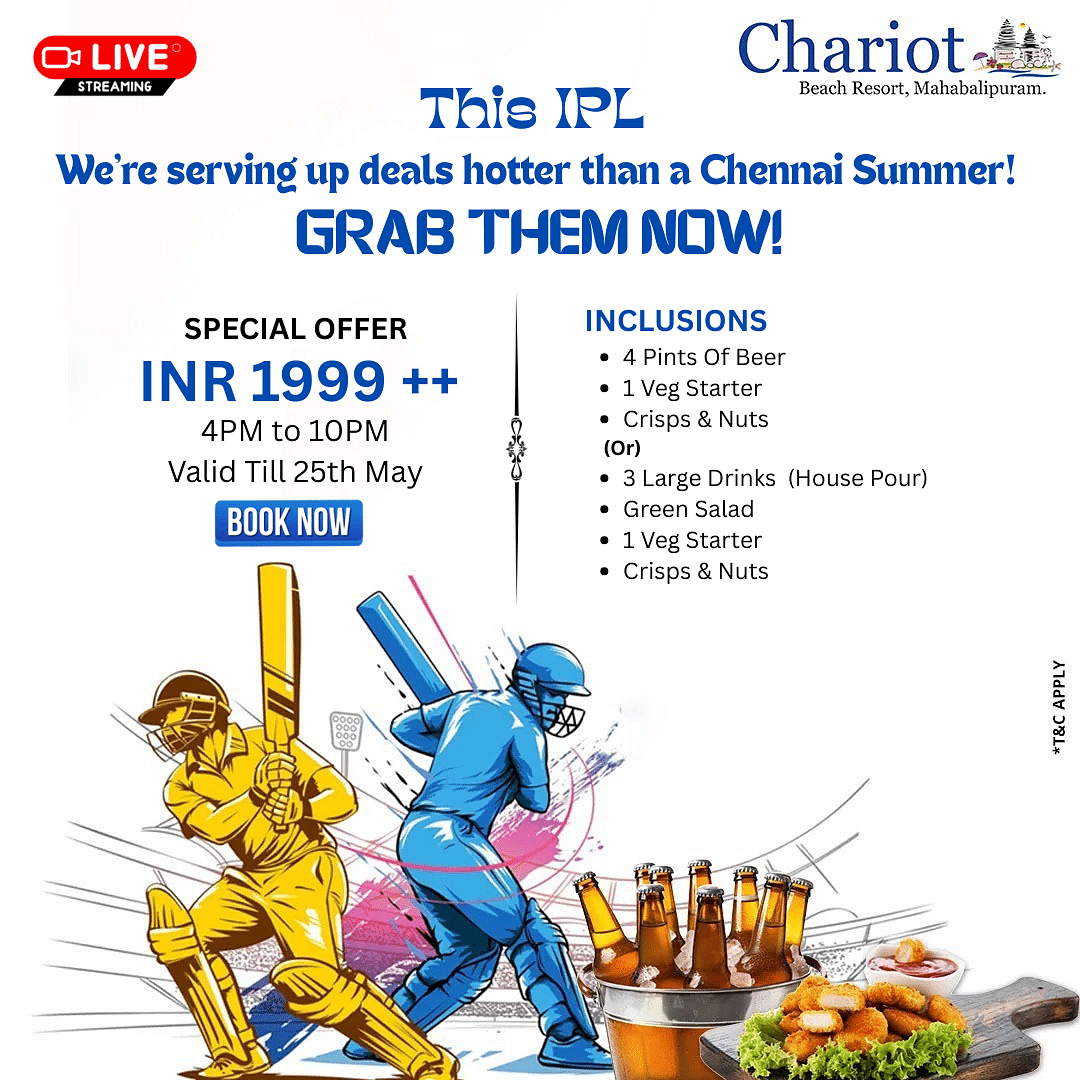 Promotional poster from Chariot Beach Resort, Mahabalipuram, advertising a special IPL-themed offer. 