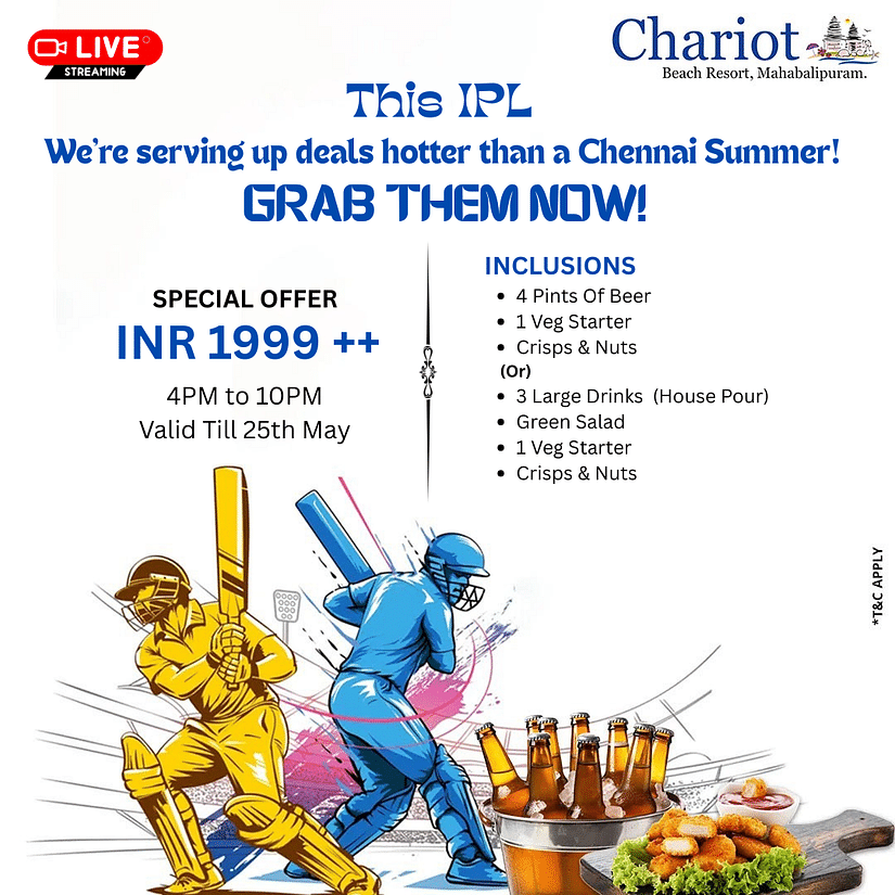 Promotional poster from Chariot Beach Resort, Mahabalipuram, advertising a special IPL-themed offer. 