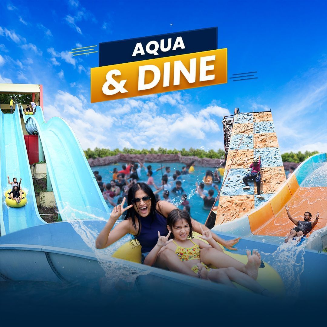 A creative for Aqua and Dine featuring an image of people enjoying water slides, with a clear blue sky and fun water activities in the background