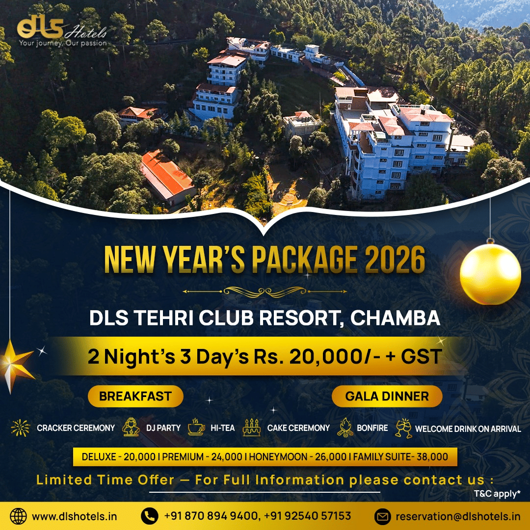 New Year package banners from DLS Hotels showcasing property images, stay details, and festive holiday offers and inclusions.