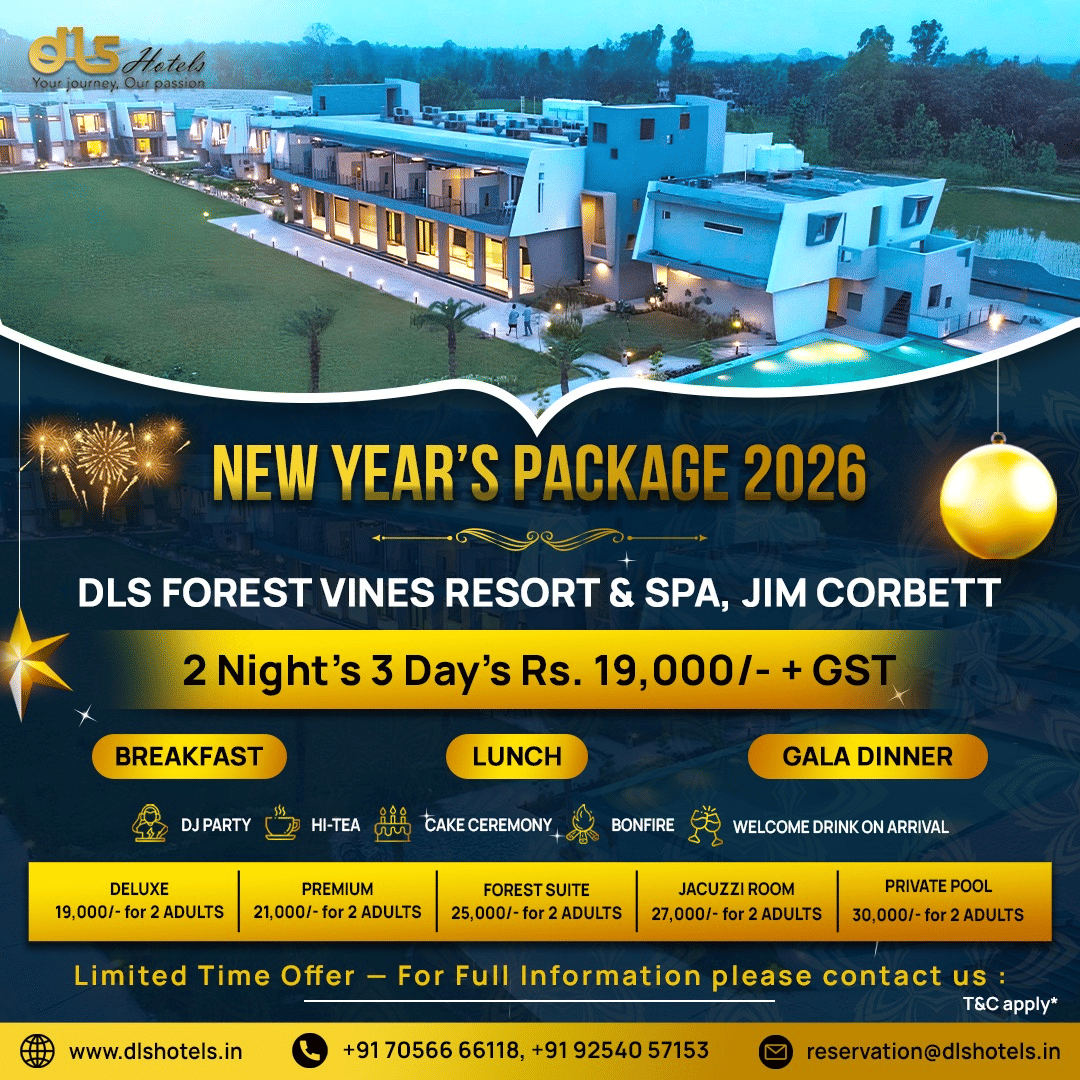 New Year package banners from DLS Hotels showcasing property images, stay details, and festive holiday offers and inclusions.