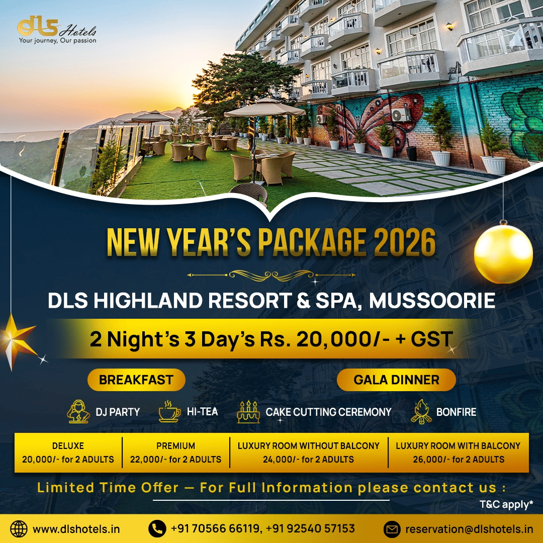 New Year package banners from DLS Hotels showcasing property images, stay details, and festive holiday offers and inclusions.