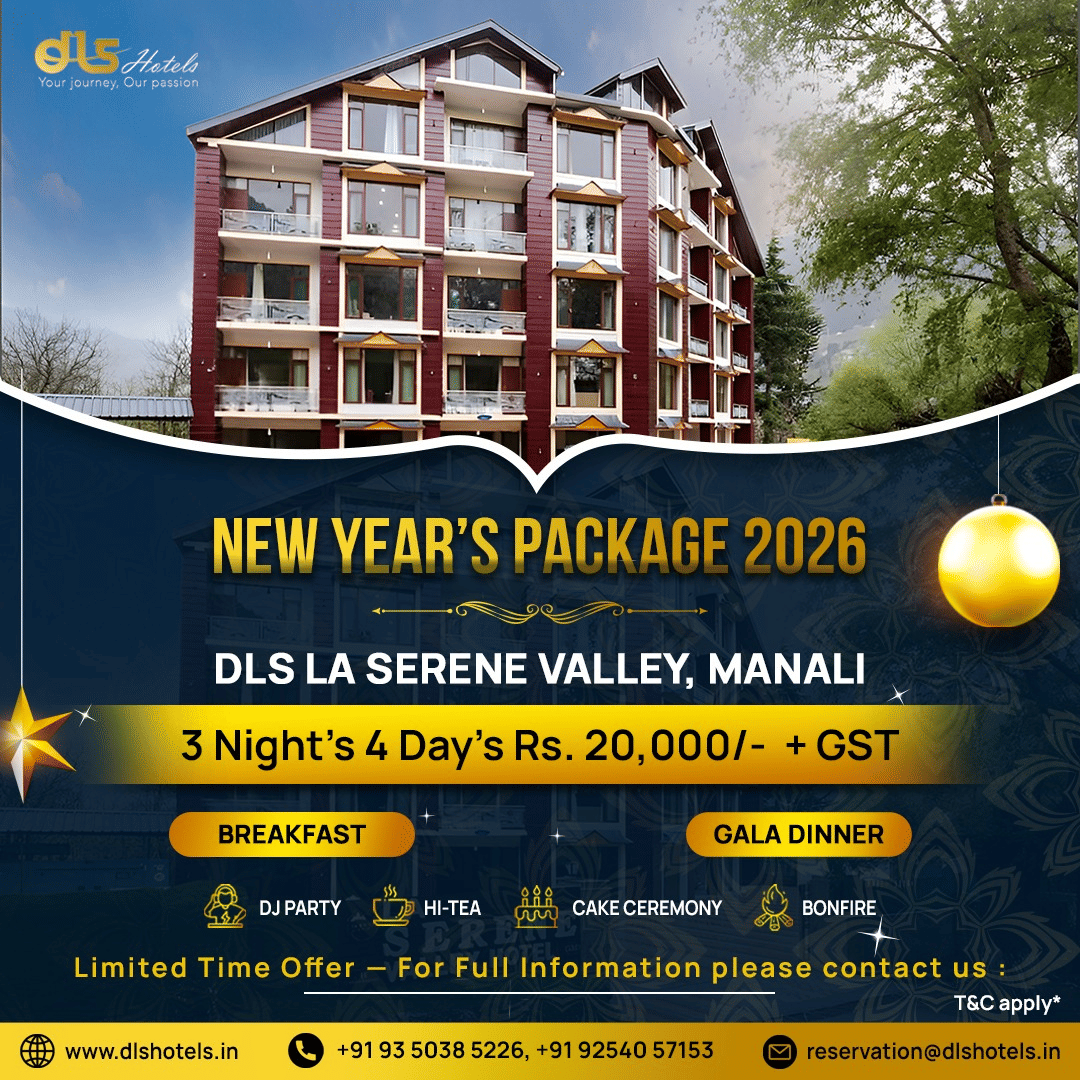 New Year package banners from DLS Hotels showcasing property images, stay details, and festive holiday offers and inclusions.