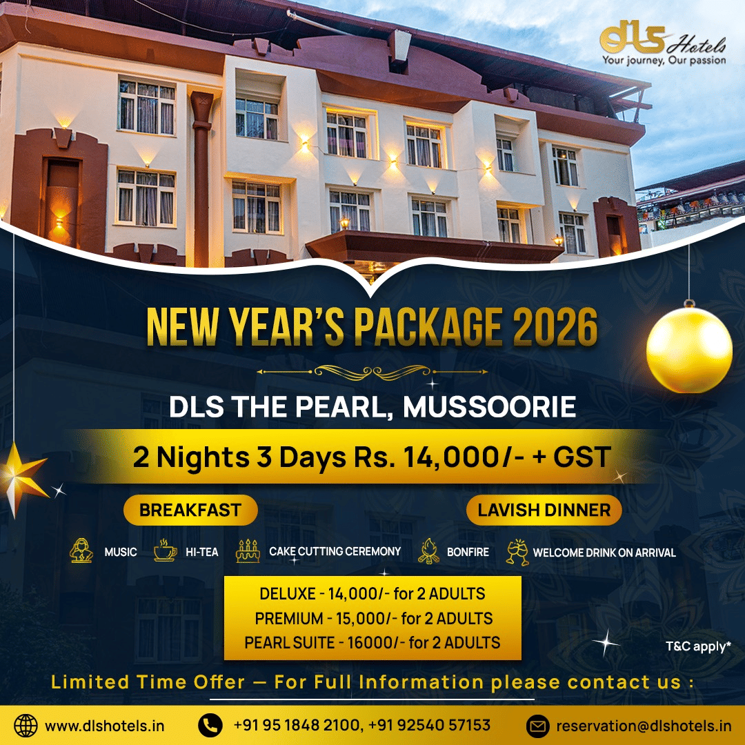 New Year package banners from DLS Hotels showcasing property images, stay details, and festive holiday offers and inclusions.