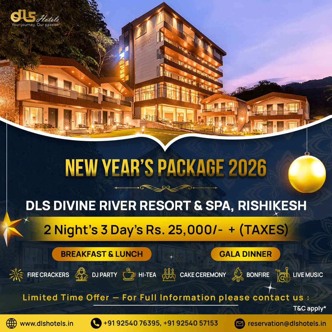 New Year package banners from DLS Hotels showcasing property images, stay details, and festive holiday offers and inclusions.