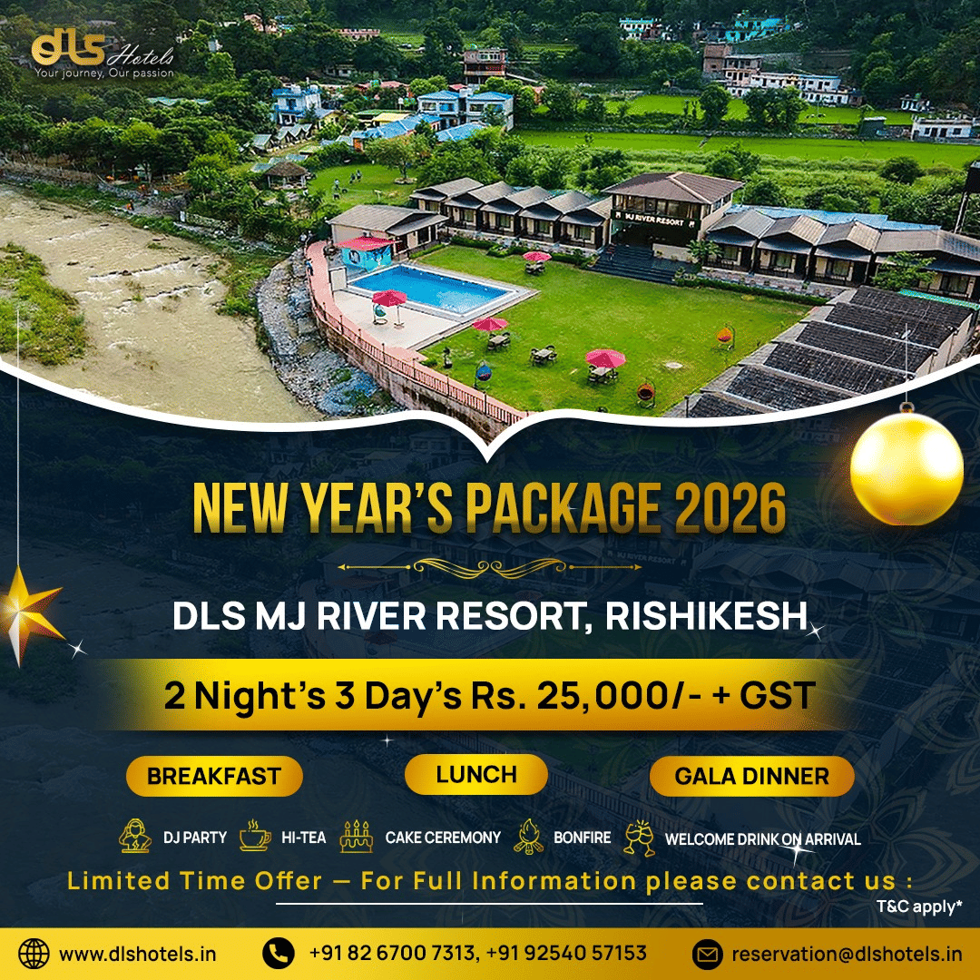New Year package banners from DLS Hotels showcasing property images, stay details, and festive holiday offers and inclusions.