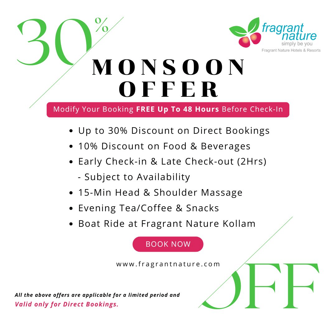 Promotional creative for Monsoon Offer at Fragrant Nature Hotels & Resorts, offering a 30% discount on direct bookings and extra travel perks.