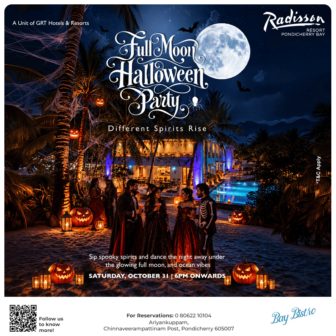 Full Moon Halloween Party at Radisson Resort Pondicherry Bay: costumes, spooky spirits and beach vibes.