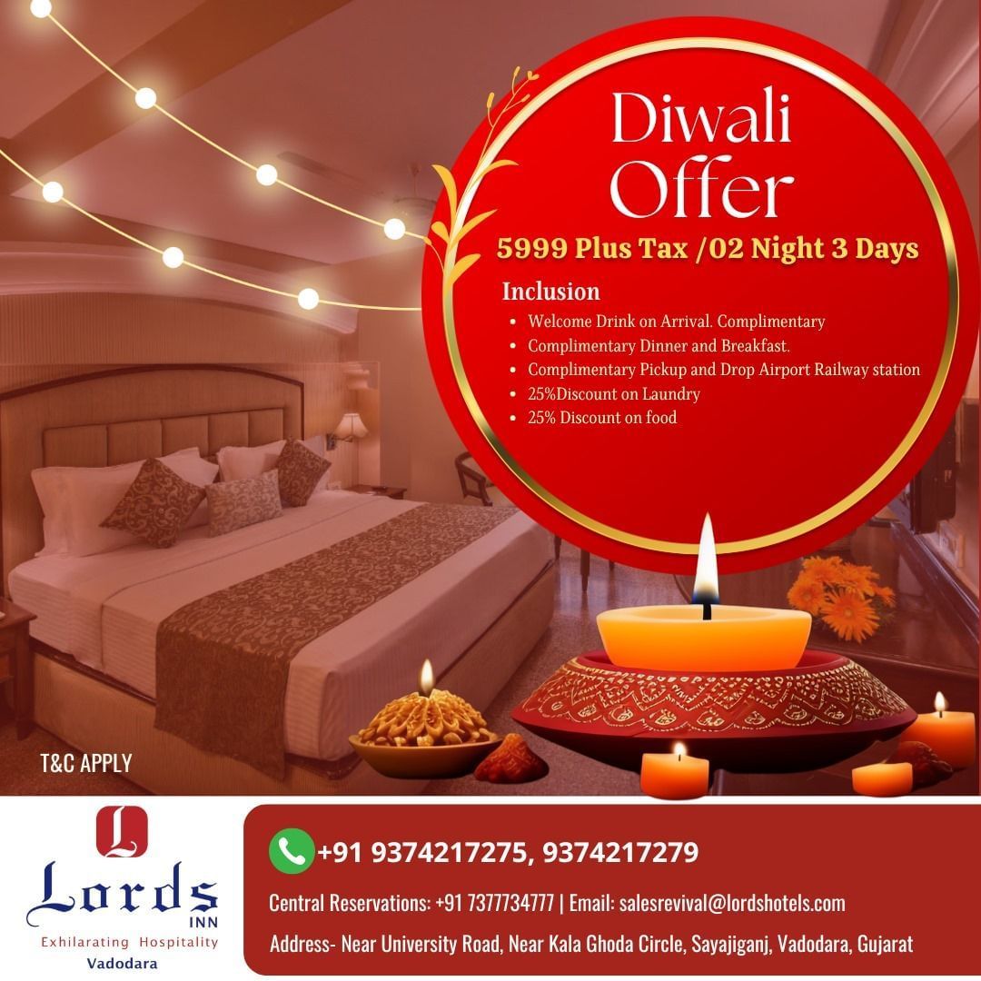 Diwali hotel offer at Lords Hotels and Resorts - Special festive package with complimentary meals, transfers and discounts.