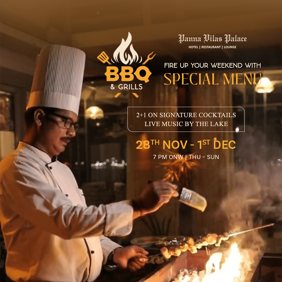 A chef prepares BBQ over an open fire, showcasing culinary expertise. In the background, content about upcoming events is displayed, adding a vibrant atmosphere to the scene.