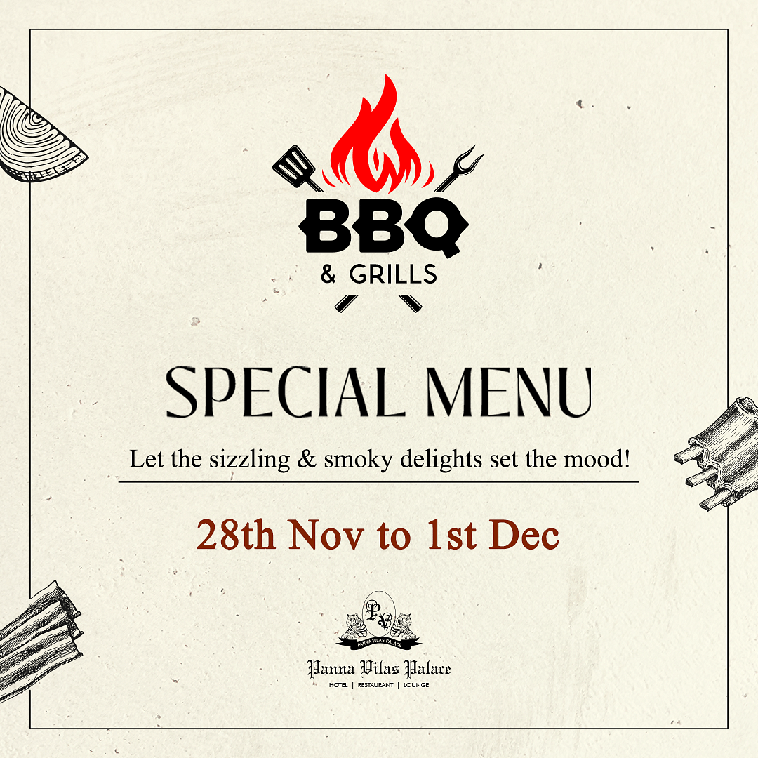 A promotional image for a BBQ and Grills special menu, featuring a flame logo, dates, and the phrase Let the sizzling & smoky delights set the mood!
