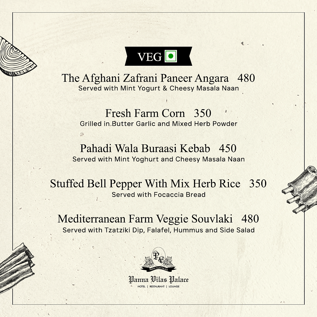 A special menu featuring vegetarian dishes like Afghani Zaikedar Paneer Angara, Fresh Farm Corn, Pahadi Wala Hara Masala Kebab, Stuffed Bell Pepper with Mix Herb Rice, and Mediterranean Farm Veggie Skewer.