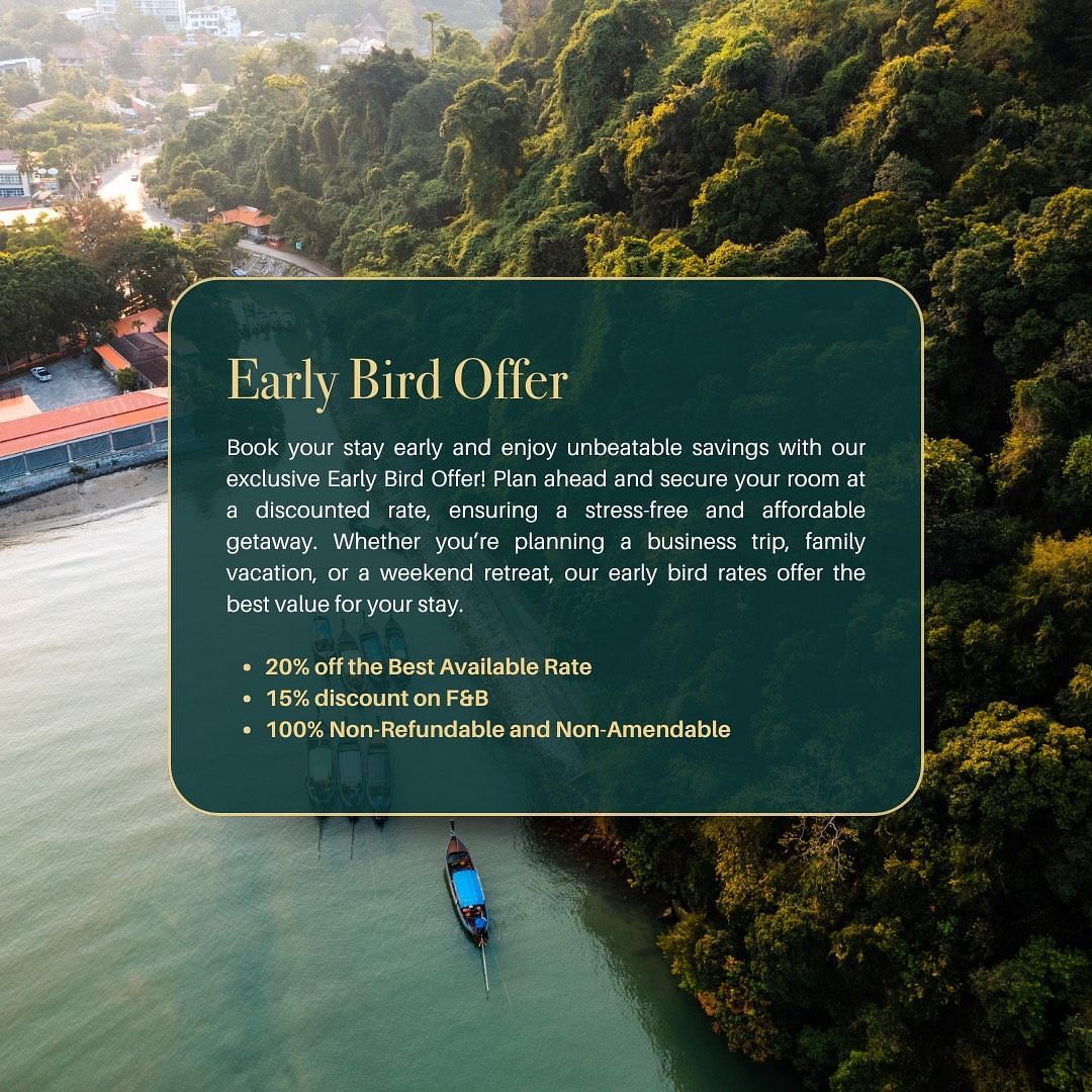 Early Bird Offer promotional banner with offer details overlaid on a mountain landscape near a water body.