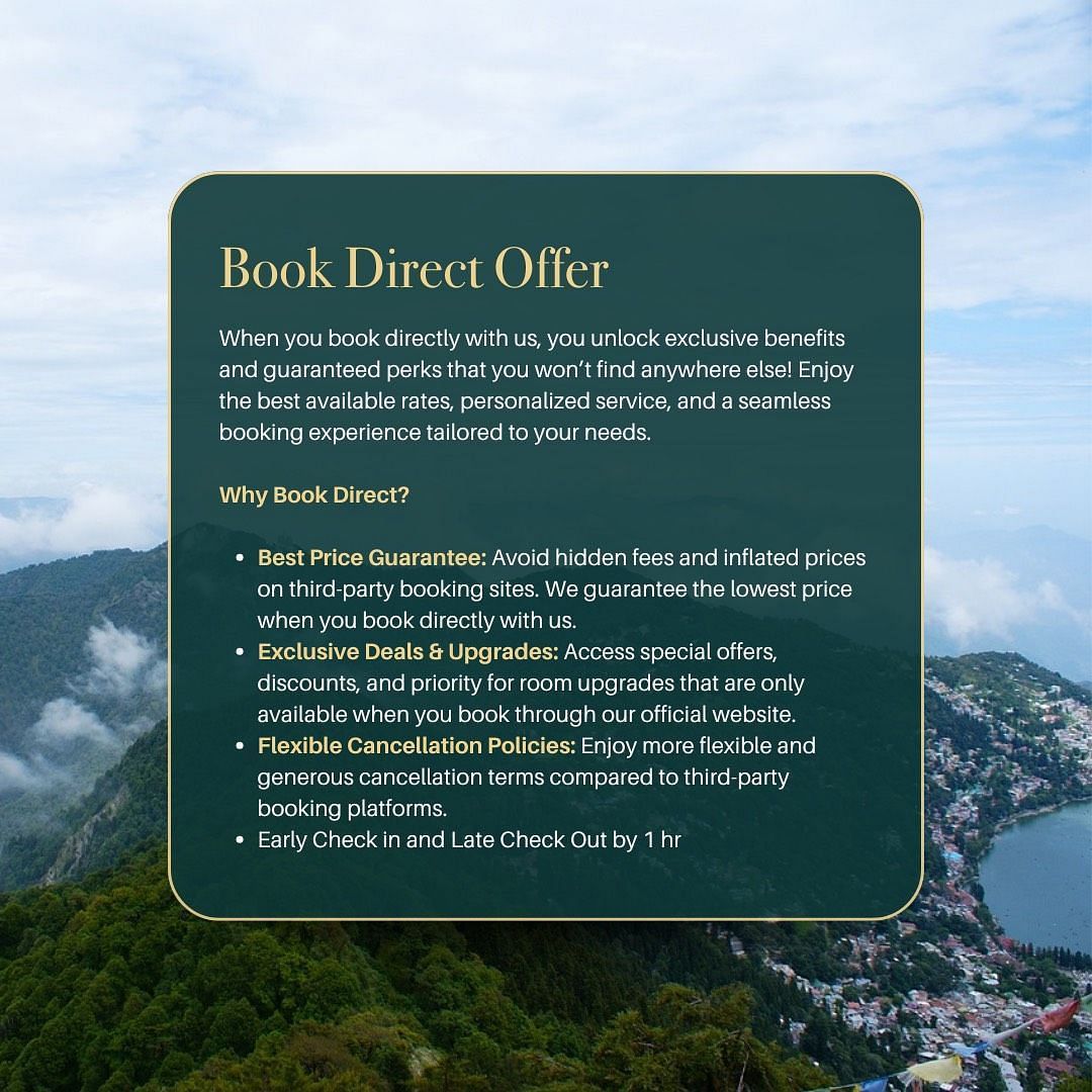 Book Direct offer promotional banner overlaid on a mountain city background.