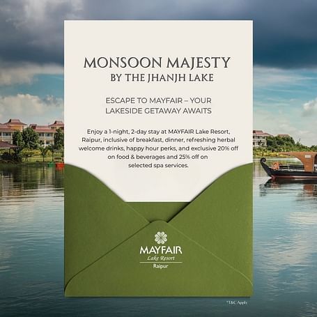 Elegant envelope-style creative for MAYFAIR Lake Resort’s Monsoon Majesty offer with serene lakefront villas in the background.