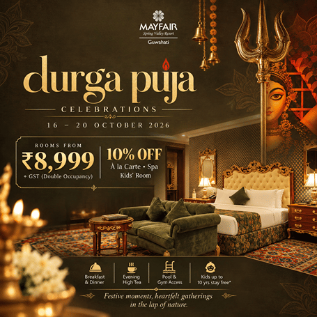 Promotional creative for DURGA PUJA SPECIAL PACKAGE at MAYFAIR Spring Valley Resort, Guwahati, with rooms starting from INR 8,999 plus taxes, valid from 16 to 20 October 2026.