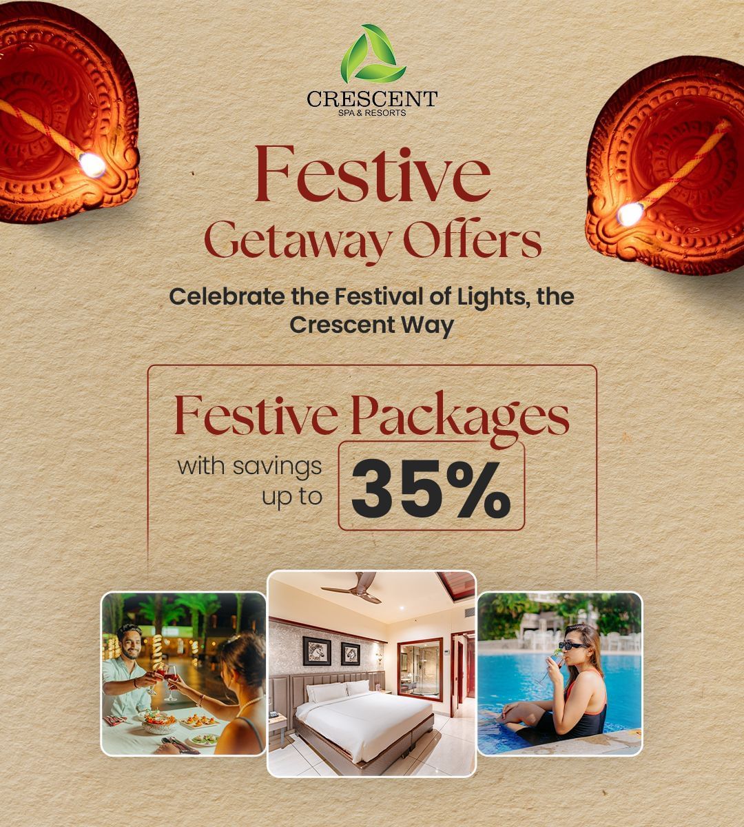 Festive banner showing savings upto 35 percent at Crecent Spa and Resort, Indore.