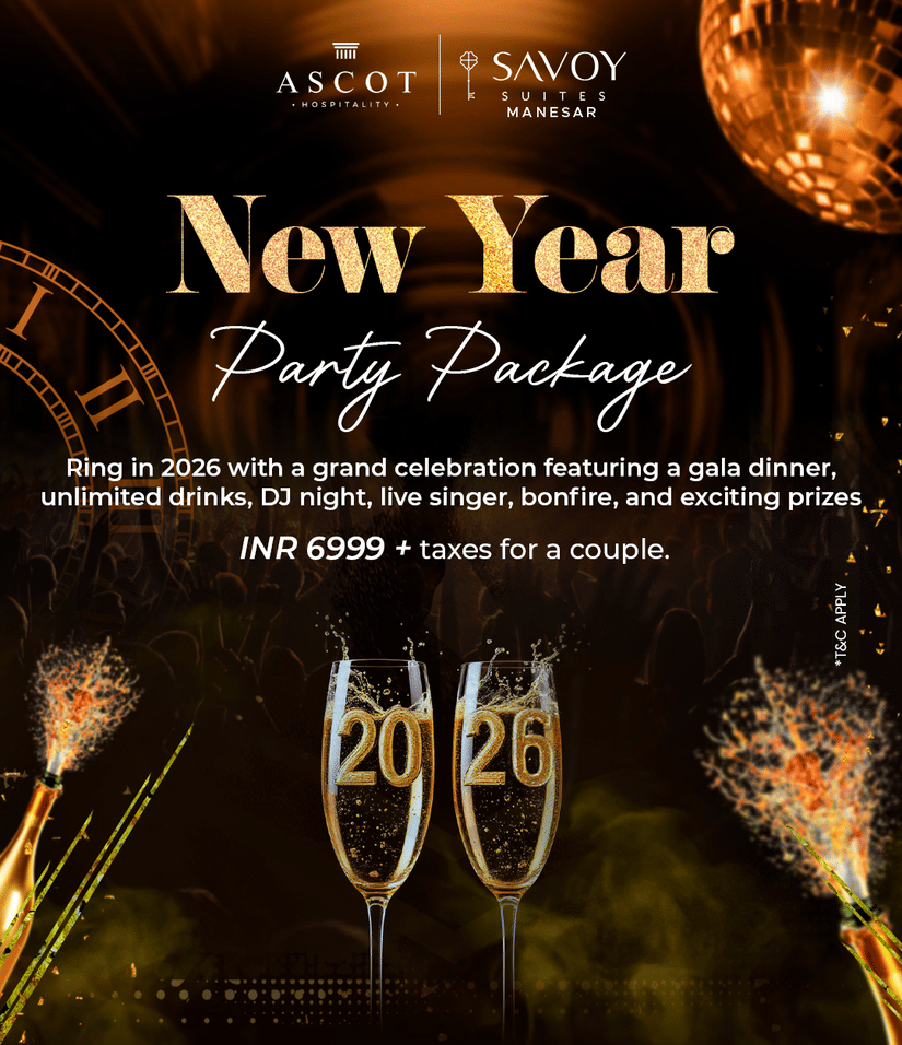 New Year Party Package at Savoy Suites, Manesar which offers gala dinner, bonfire, live singer, exciting prizes, and more. The package for a couple starts at just INR 6,999.