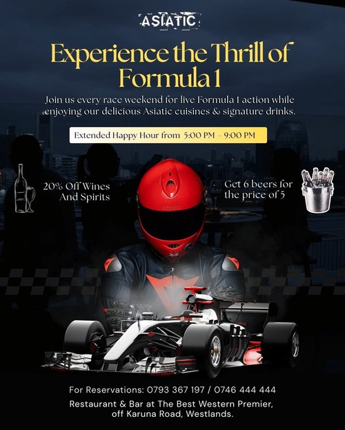 Promotional poster for thrill of formula 1 featuring a glass filled with a beverage, with the offer timings from 5pm to 9pm on weekends, all day on weekends, and other contatct information.