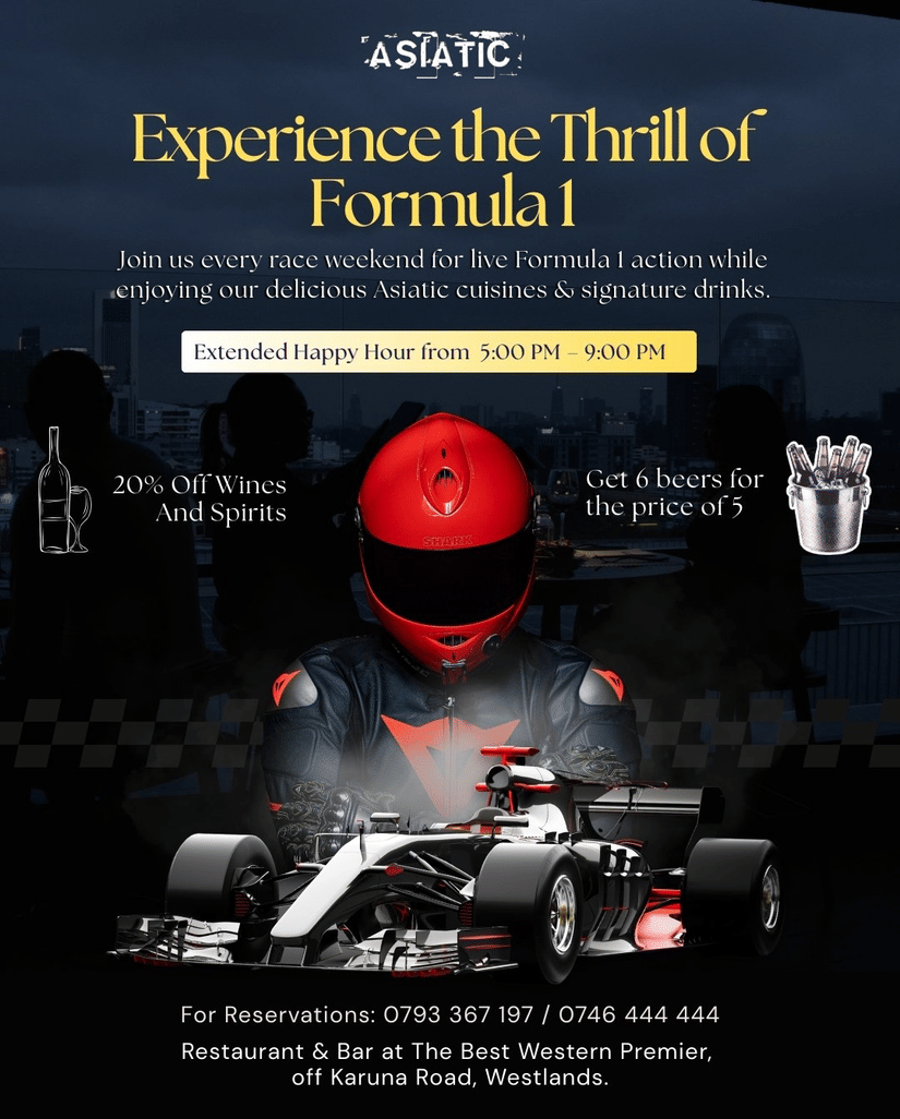Promotional poster for thrill of formula 1 featuring a glass filled with a beverage, with the offer timings from 5pm to 9pm on weekends, all day on weekends, and other contatct information.