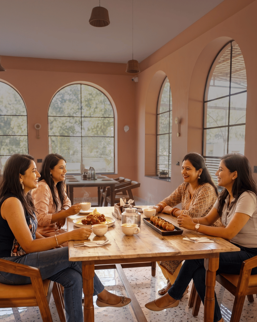 Four guests talking over coffee and snacks at a table in the arched dining room