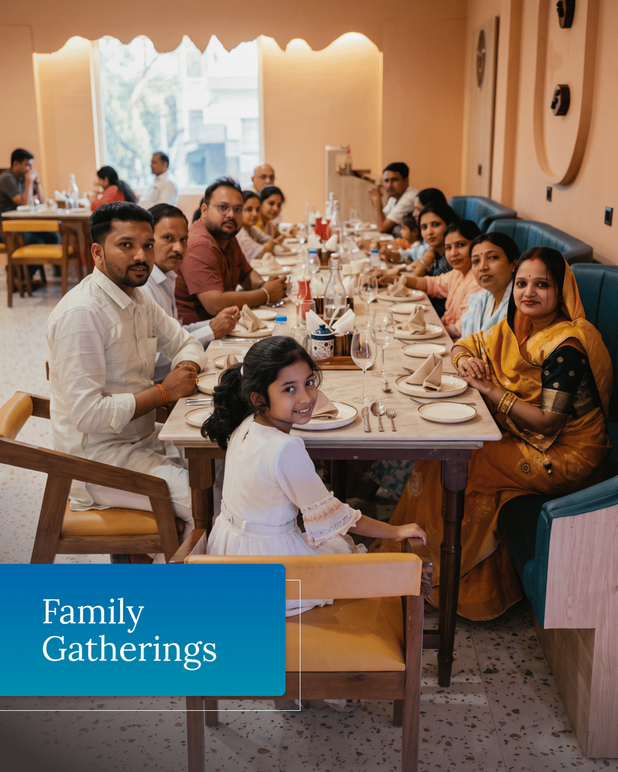 A family of guests seated along a long table in the restaurant, captioned Family Gatherings