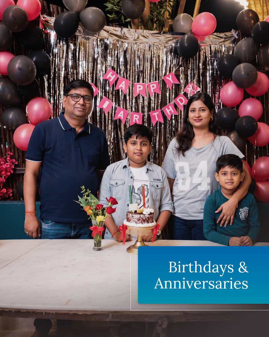 A family celebrating a birthday with balloons and a cake at the resort, captioned Birthdays and Anniversaries