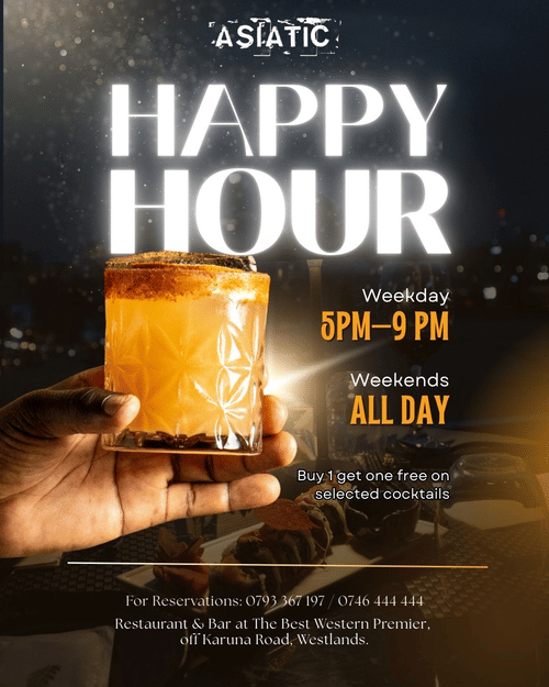Promotional poster for happy hour featuring a glass filled with a beverage, with the offer timings from 5pm to 9pm on weekdays, all day on weekends, and other contatct information.