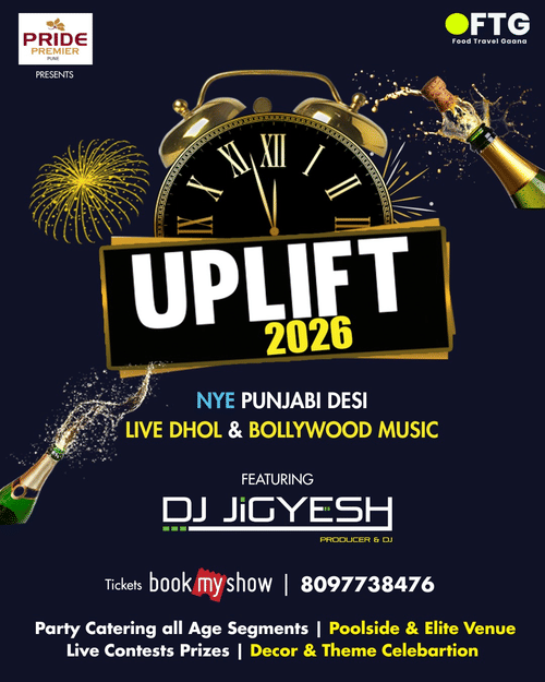 UPLIFT 2026 Offer in Pride Premier Pune featuring Bollywood music by DJ Jigyesh and live dhol, catering to all age segments. Celebrate by the pool side and participate on live contests and enjoy the New Year decor and theme.
