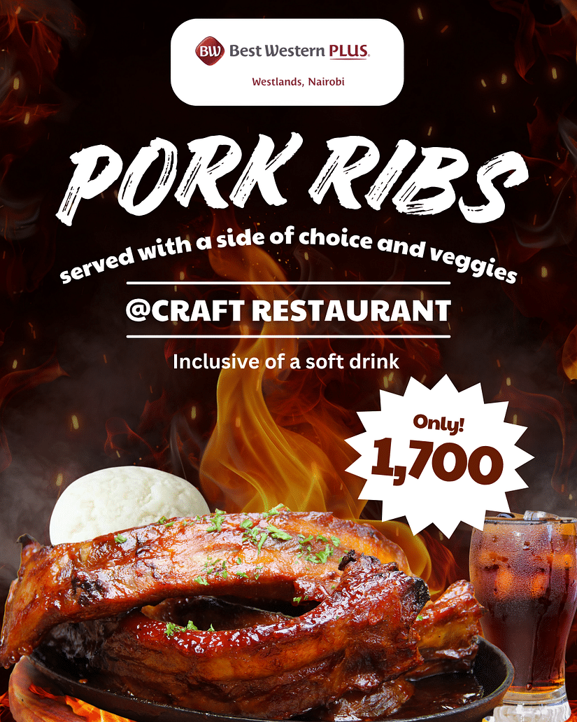Smoky ribs with vegetables and soft drink at Craft Restaurant, Best Western Plus, Westlands Nairobi for 1,700 shillings.