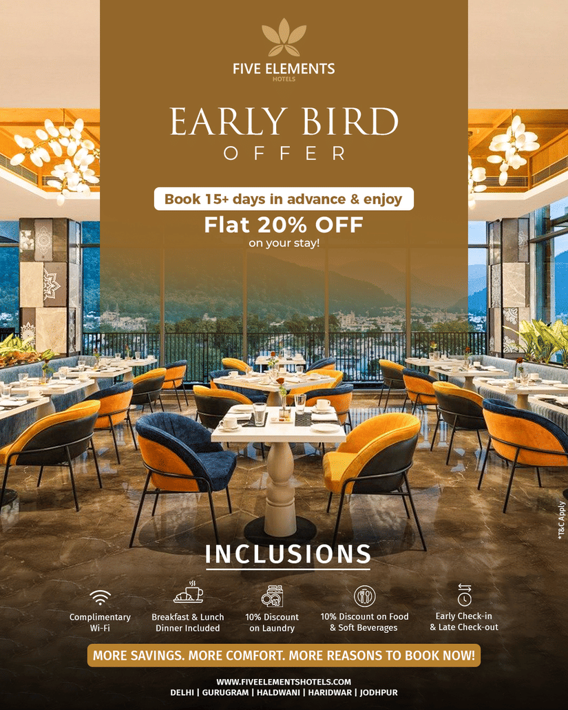 Early Bird Offer at Five Elements Hotels featuring stylish dining space with seating and exclusive discount details for advance bookings and stays