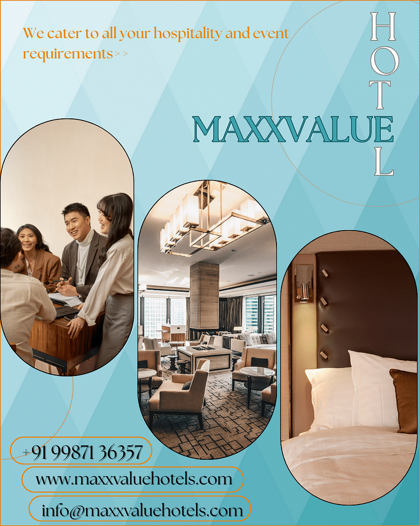 A promotional image for Maxxvalue Hotel with photos of a meeting and a hotel room.