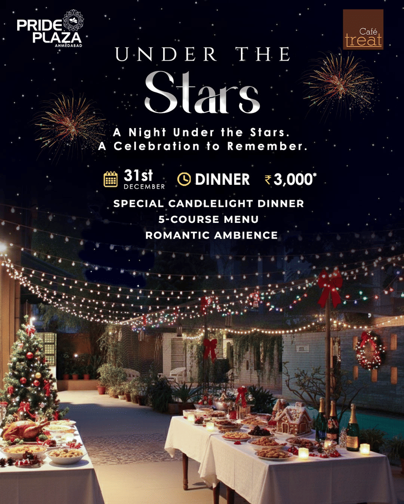 A promotional banner of Under the Stars event at Pride Plaza Ahemdabad featuring an outdoor celebration featuring a dark night sky with fireworks above a festive courtyard illuminated by fairy lights and decorated banquet tables.