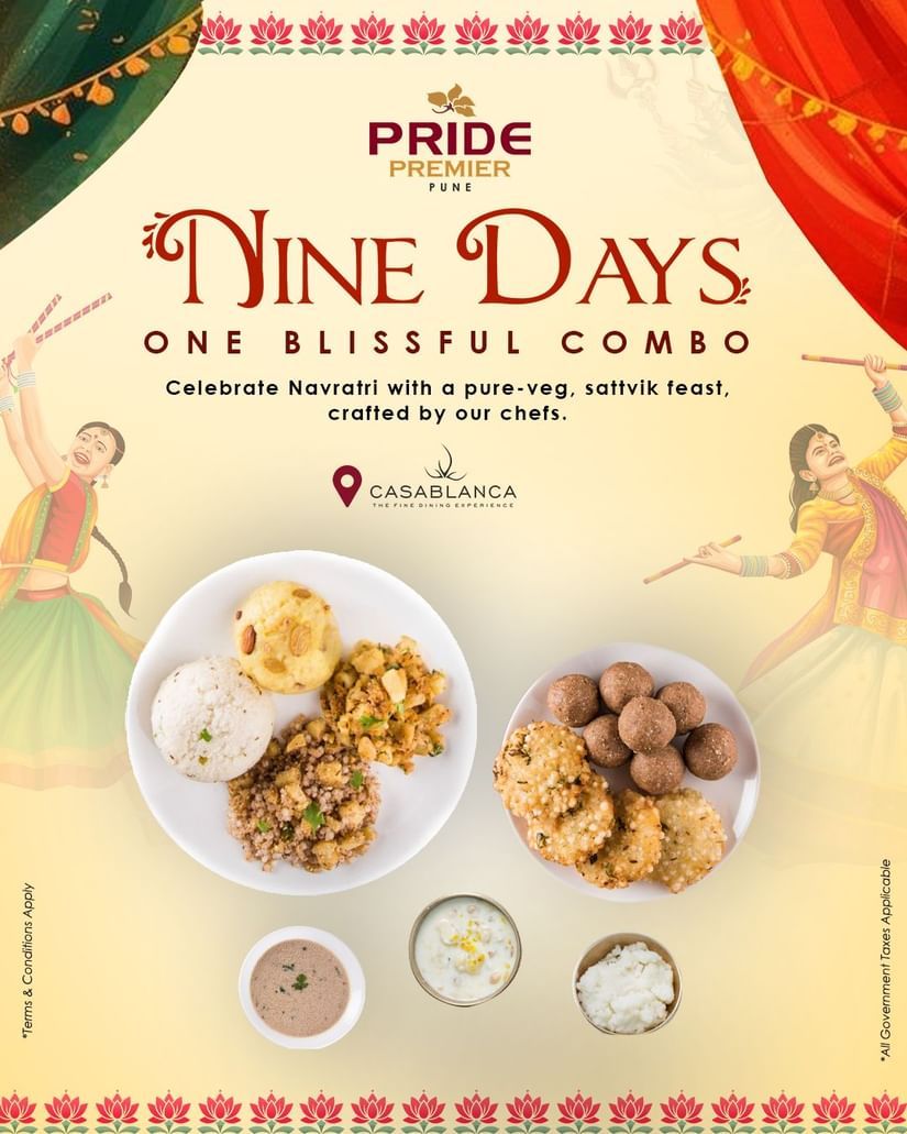 Promotional poster for Pride Nine Days festive combo featuring traditional Indian sweets and snacks, with decorative festive elements at Pride Premiew Pune.