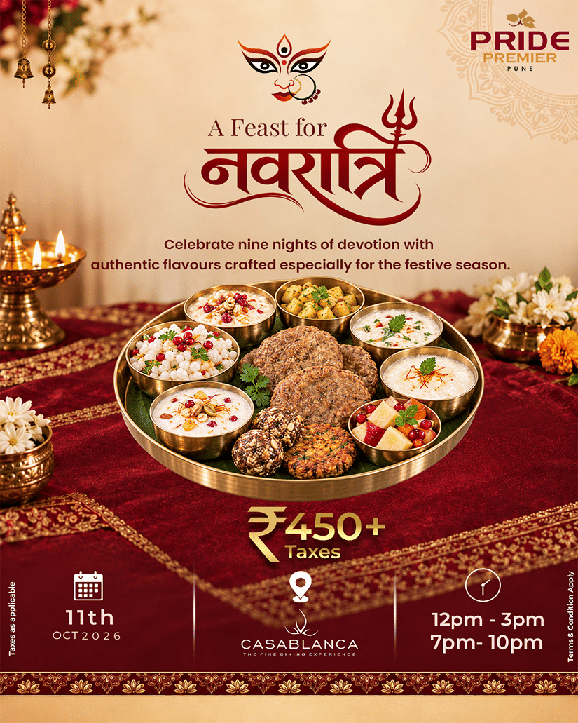 A poster for Navratri Feast at Pride Premier Pune, with a verstaile feast placed in a decorated backdrop, valid on 11th October.