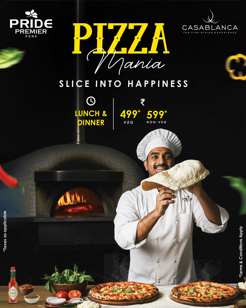 A promotional poster showing a chef holding pizza dough in front of a wood-fired oven, pizzas placed on a counter, and text highlighting Pizza Mania lunch and dinner pricing at Pride Premier Pune.
