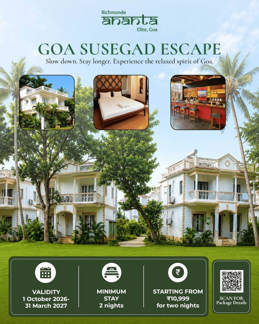 White villa exteriors with lush green lawns and coconut palms at Richmonde Ananta Elite, Goa, showcasing the relaxed Goa Susegad Escape offer.