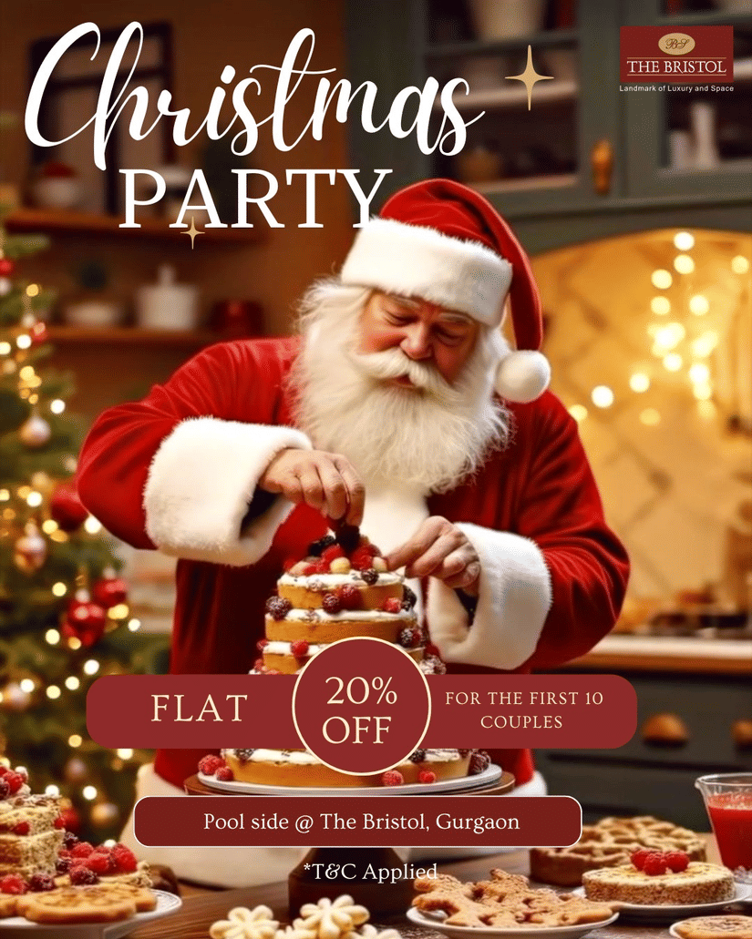 Christmas party at The Bristol, Gurgaon, featuring Santa decorating a cake with festive treats and a flat 20% off offer for the first 10 couples.